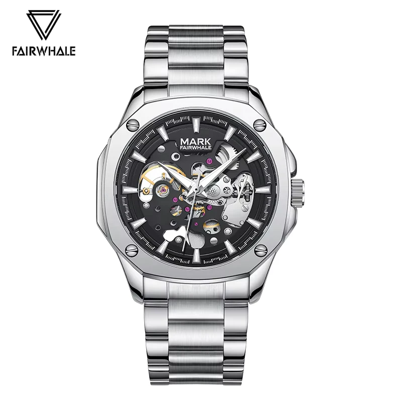 Fashion Black Automatic Watch For Men Brand Mark Fairwhale Luxury Stainless Steel Waterproof Mechanical Wristwatch Man 2025 New