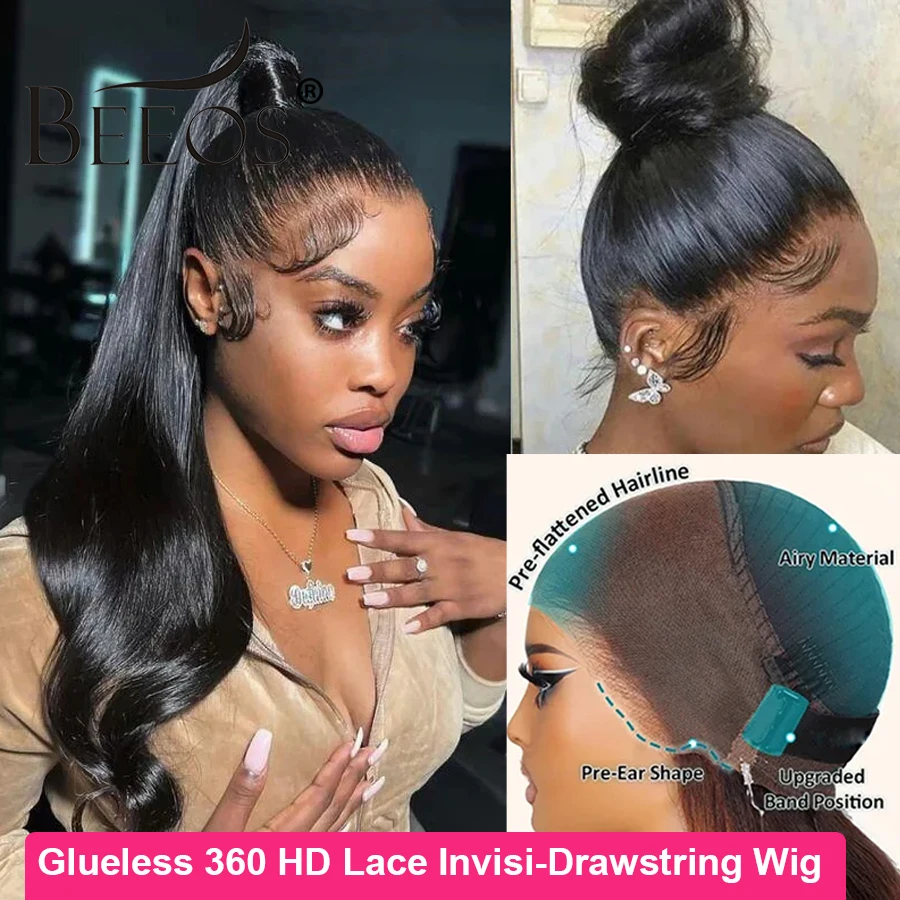250% Glueless Invisi-Drawstring 360 HD Lace Frontal Human Hair Wigs Straight Real HD Lace Full frontal Closure Wig For Women