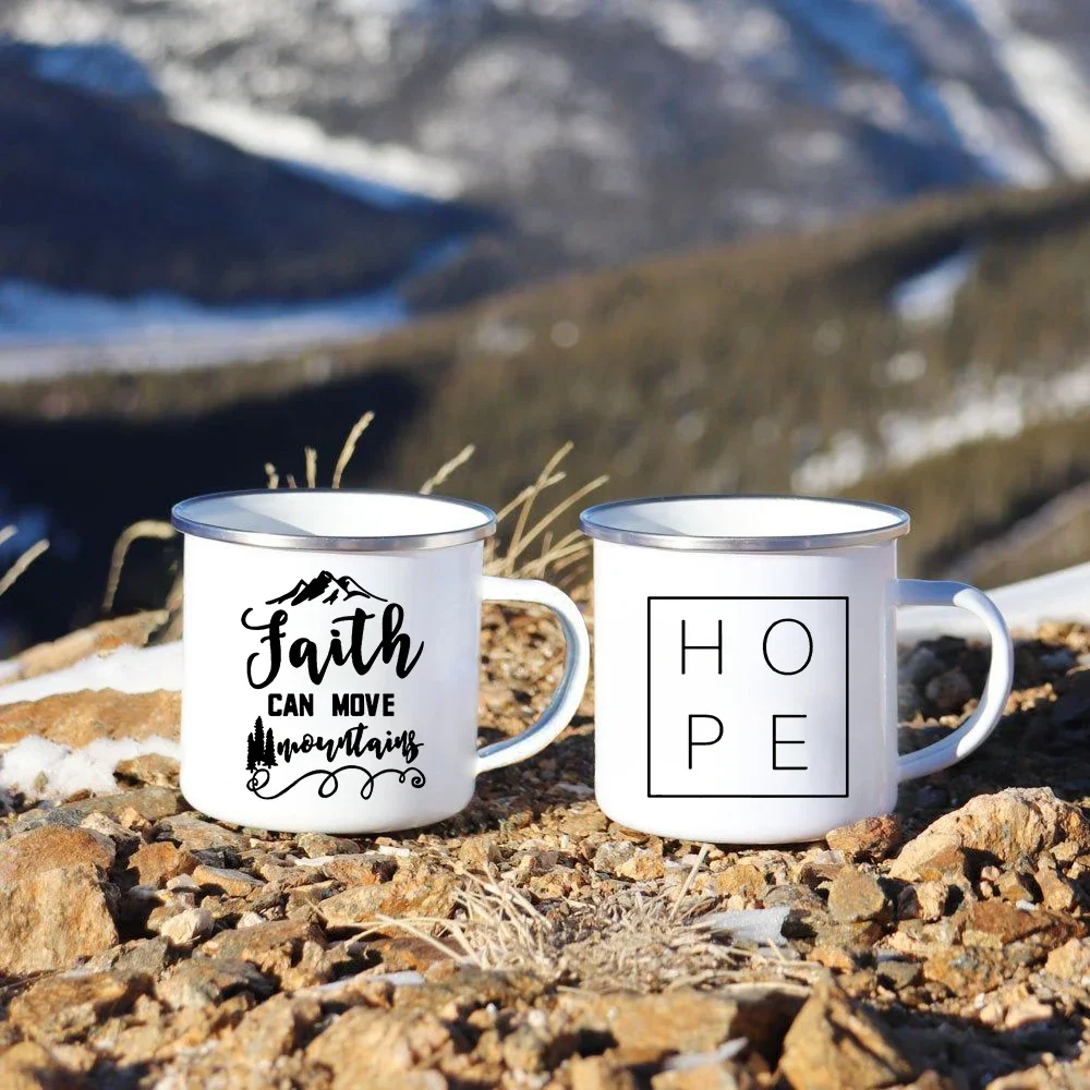 Faith Can Move Mountain Creative Enamel Mugs Outdoor Travel Coffee Water Cups My God Hope Camping Hiking Drink Juice Cola Mug