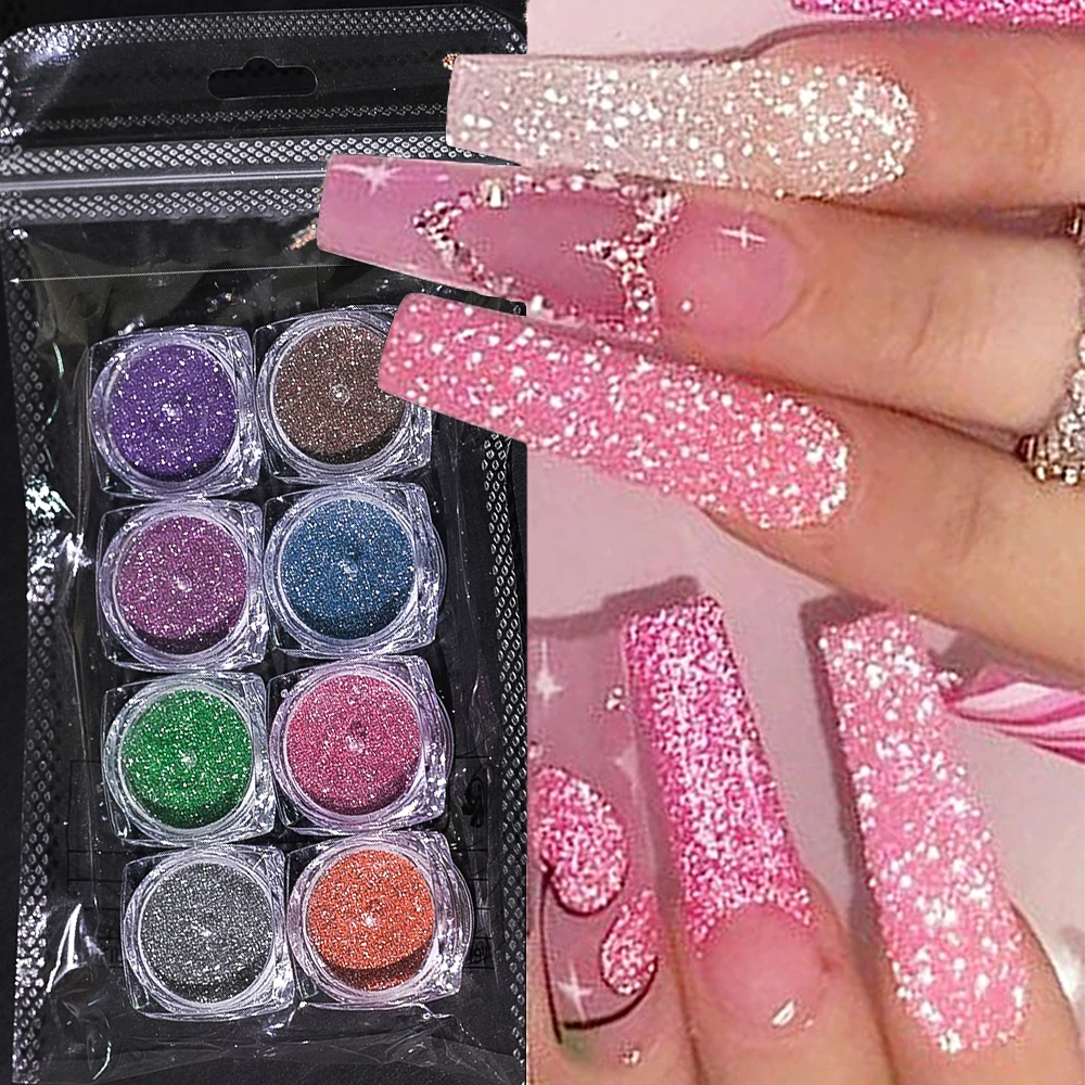 8/1pcs Flashy Broken Diamond Nail Powder Holographic Crystal Rhinestone Pigment Dip Chrome Powder Acrylic Nail Glitter Dust Set