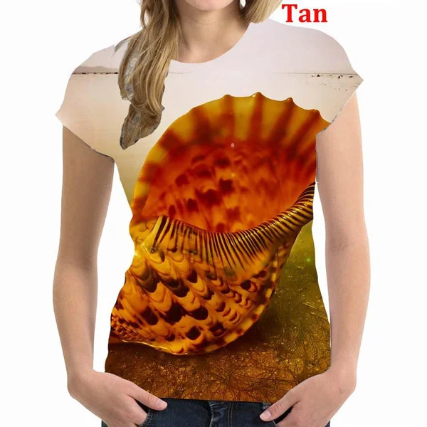 

2023 New Women's Fashion Loose Casual Short Sleeved Summer Style Conch Printed O-Neck Shirt Hawaiian T Shirt Tops