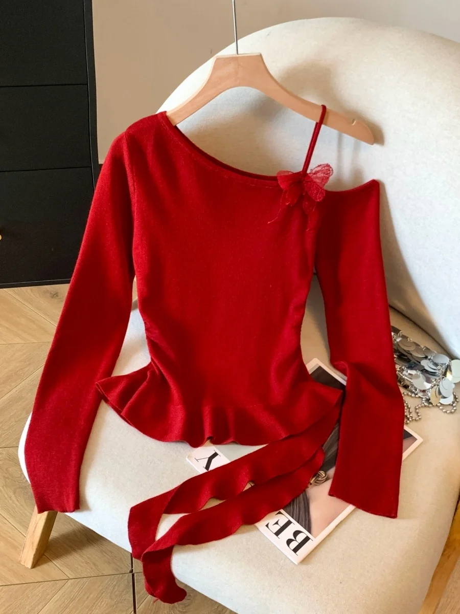 

Spring 2026 Women's Knitted Long Sve oulder Bared Side Collar Slim Fit Outerwear Base irt Top Faionable Casual Sle