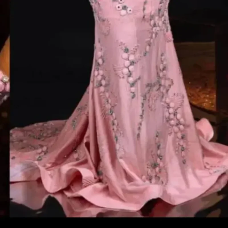Pink Mermaid Evening Dress Flower Embroidery Long Sleeve Ball Party Dress Luxury Women's Birthday Dress Customization image 3