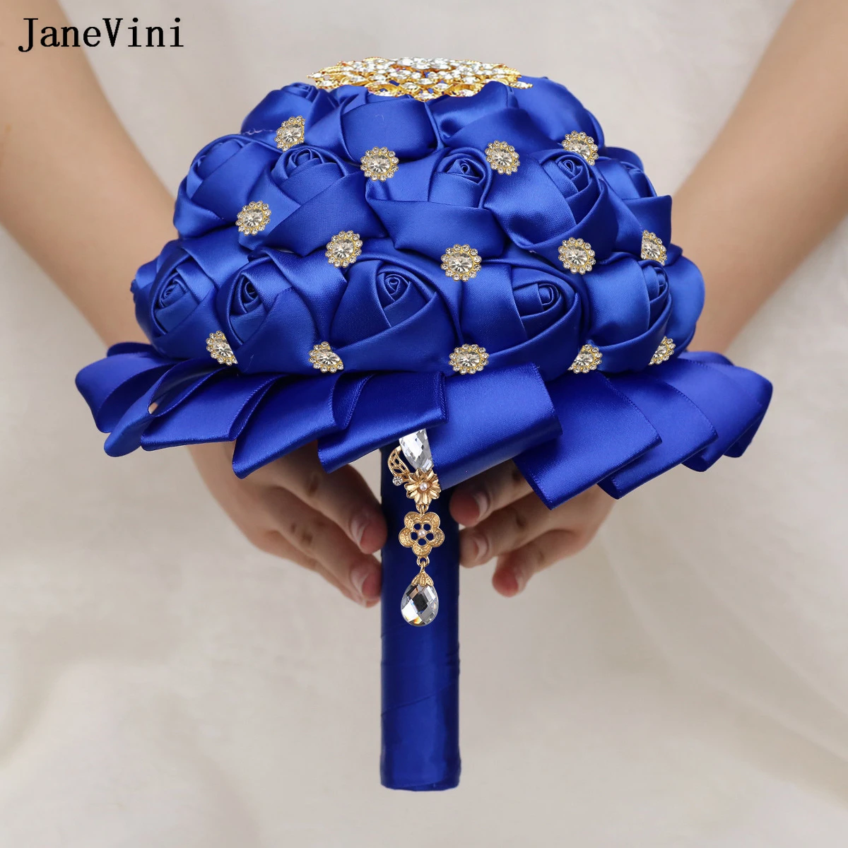 JaneVini Bling Gold Rheinstones Bridal Bouquets Artificial Satin Roses Royal Blue European Wedding Fake Flower Bouquet Hot Sale