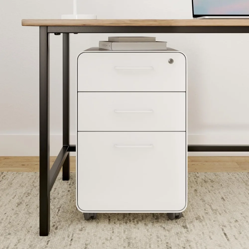 3-Drawer Rolling File Cabinet - White. 2 Utility Drawers and 1 Hanging File Drawer. Two Locking and Two Non-Locking Wheels