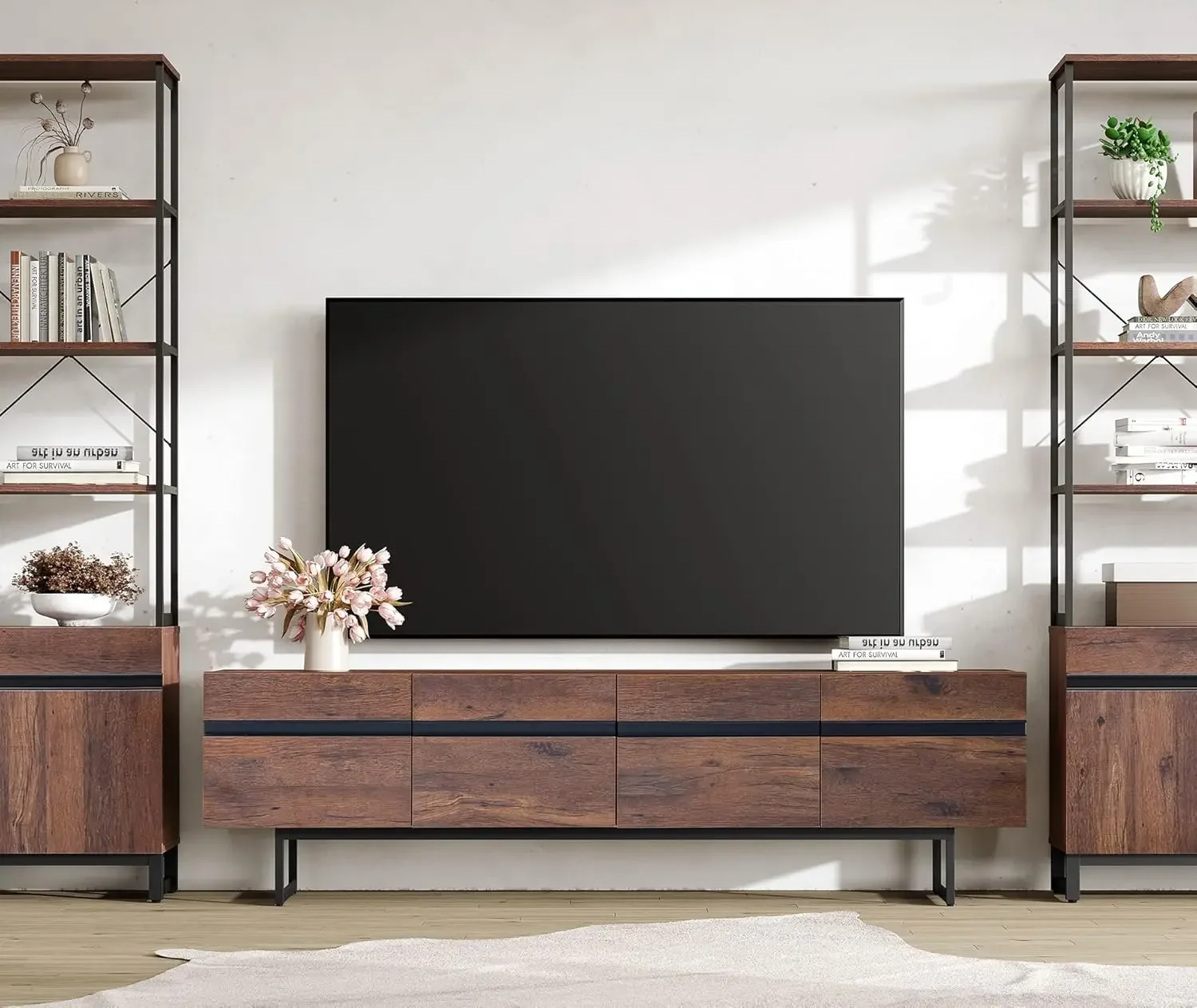 Modern TV Stand for up to 75 inch TV, Wood Entertainment Center TV Console Table with Storage Cabinets Media Console , Brown