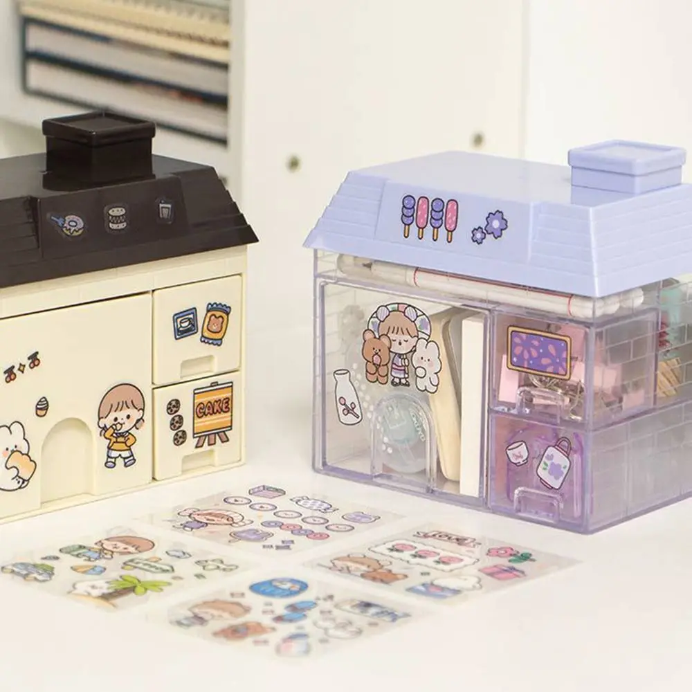 Transparent Desktop Storage Box Multiple Grids Visible Small House Pen Holder House Shape Detachable Stationery Storage Drawer