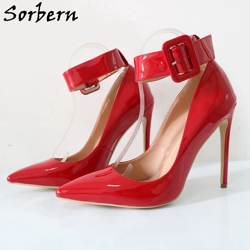 

Sorbern Red Patent Pointed Toe Stilettos High Heels Women Pumps High Heel Buckles Ankle Straps Women Heels Diy Women Dress Shoes