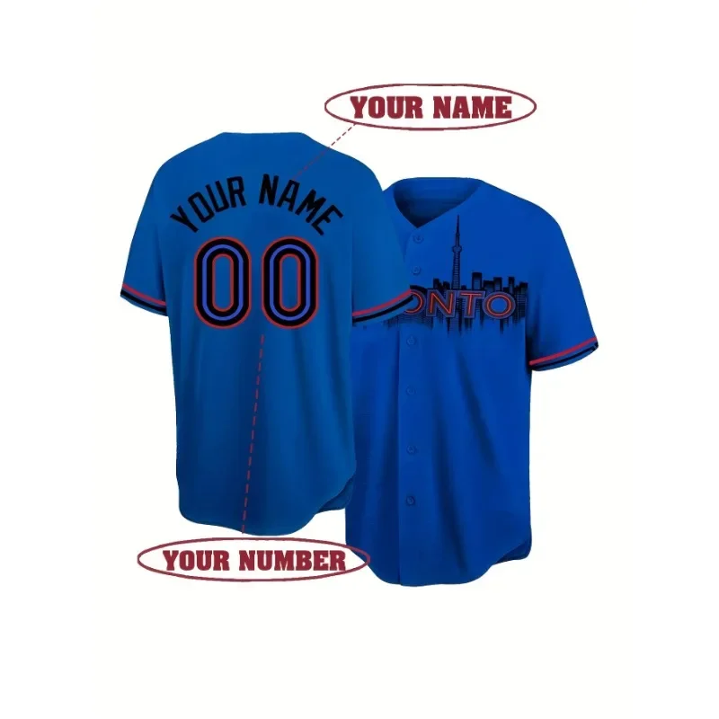 تخصيص اسم ورقم الرجال التطريز البيسبول جيرسي تورونتو الأزرق الخامس الرقبة شخصية قصيرة الأكمام زر أسفل DIY القمصان #1
