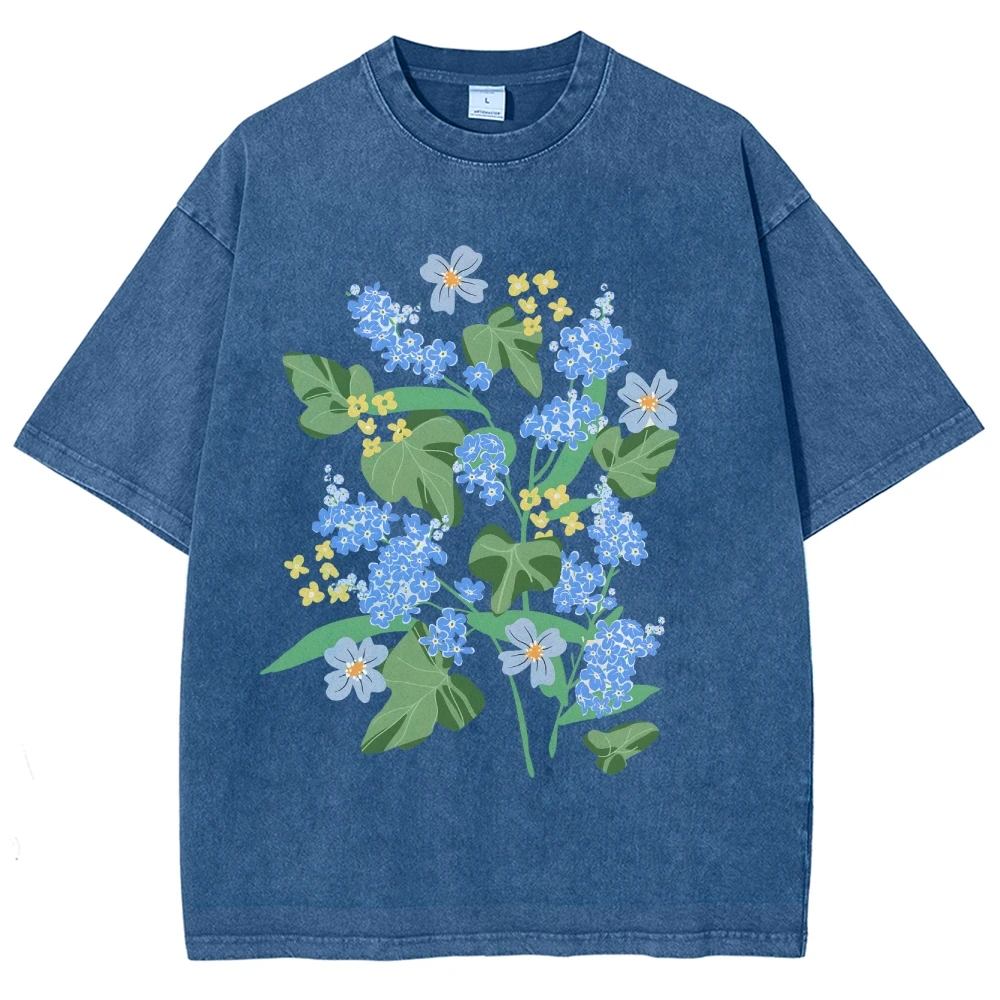 Plus Size Tops Blue Lily Flower T Shirt Casual Wear Graphic Tee Clothes Shirts Punk Style Unisex American Retro Style Sportwear