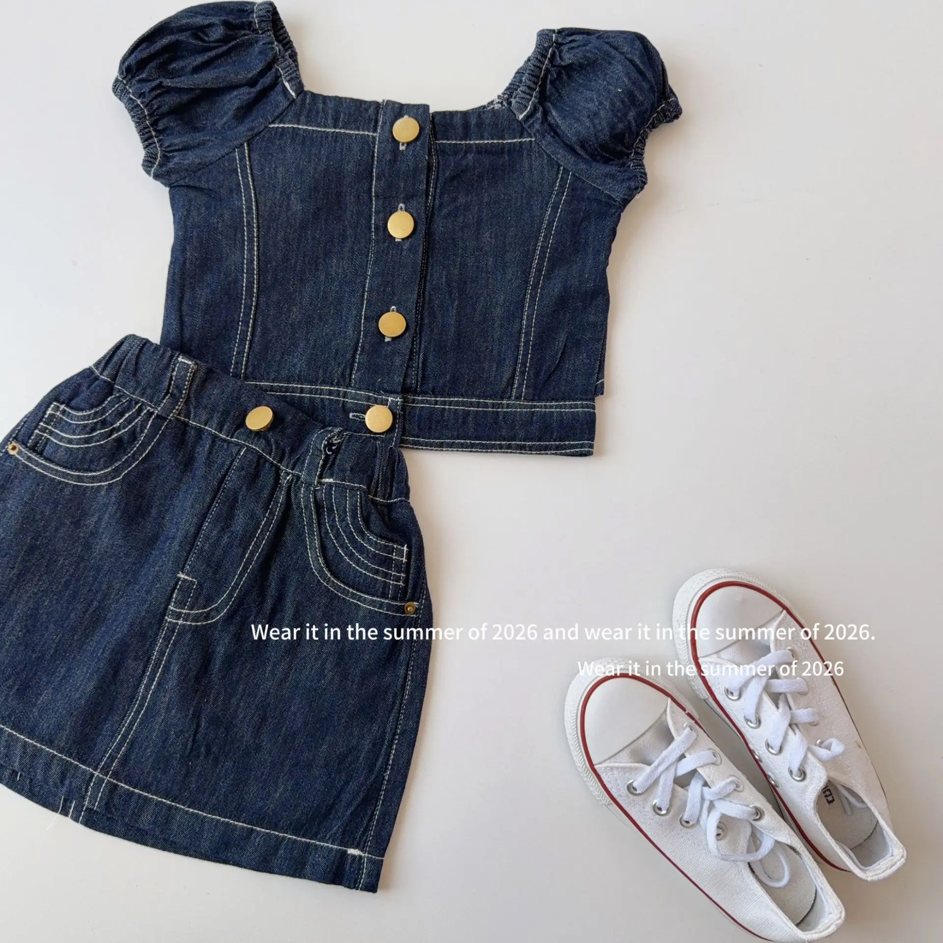 

Girls' summer Korean version 2026 temperament casual two-piece set with square collar top and denim skirt set