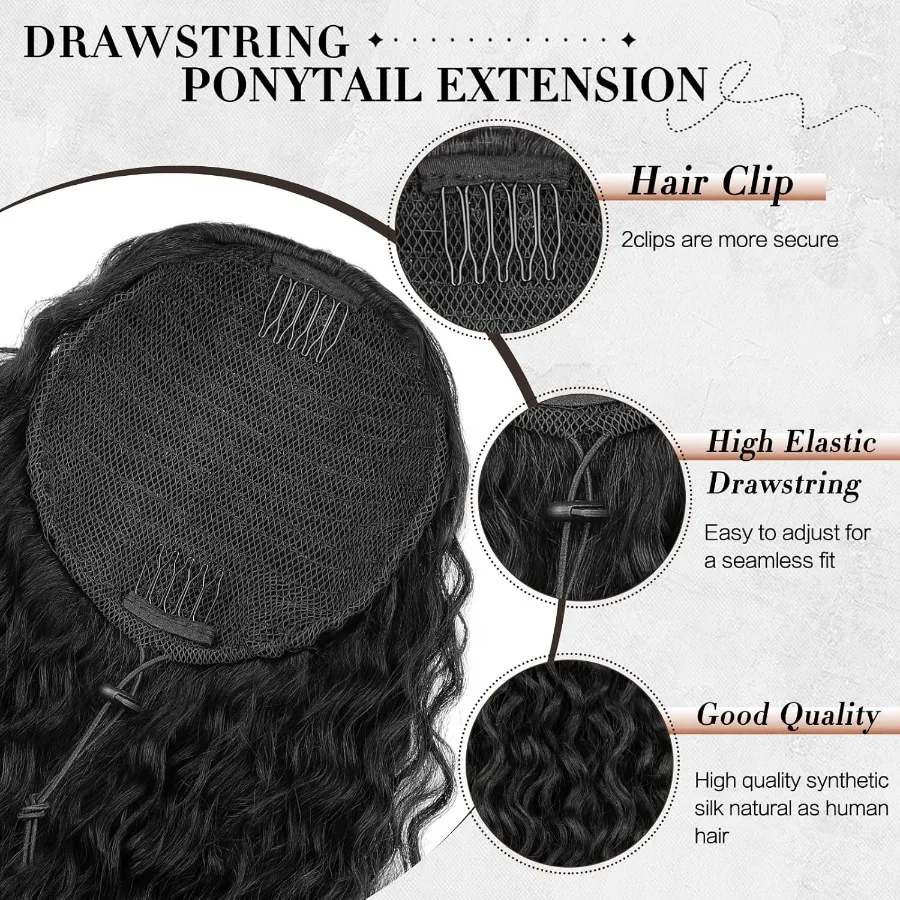 وصلة شعر صناعية طويلة مجعدة متعددة الاستخدامات مع تصميم برباط للنساء ذوات البشرة السمراء، قطعة شعر سهلة المشبك
