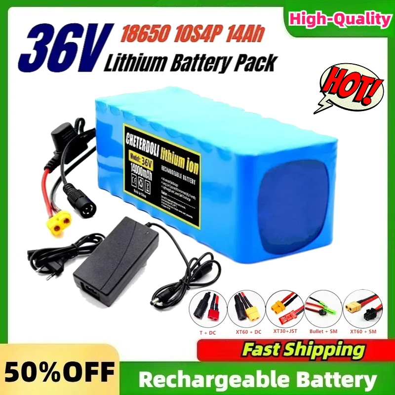 36V 10S4P Battery Pack 14000mAh Large Capacity, 500W Super Power Battery, Including BMS and Fuse, Equipped with 42V 2A Charger