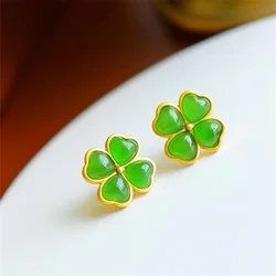 Trendy 925 Sterling Silver Stud Earrings For Women Jewelry Shining Jade Clover Earrings Female Piercing Accessories On Ear Bijou
