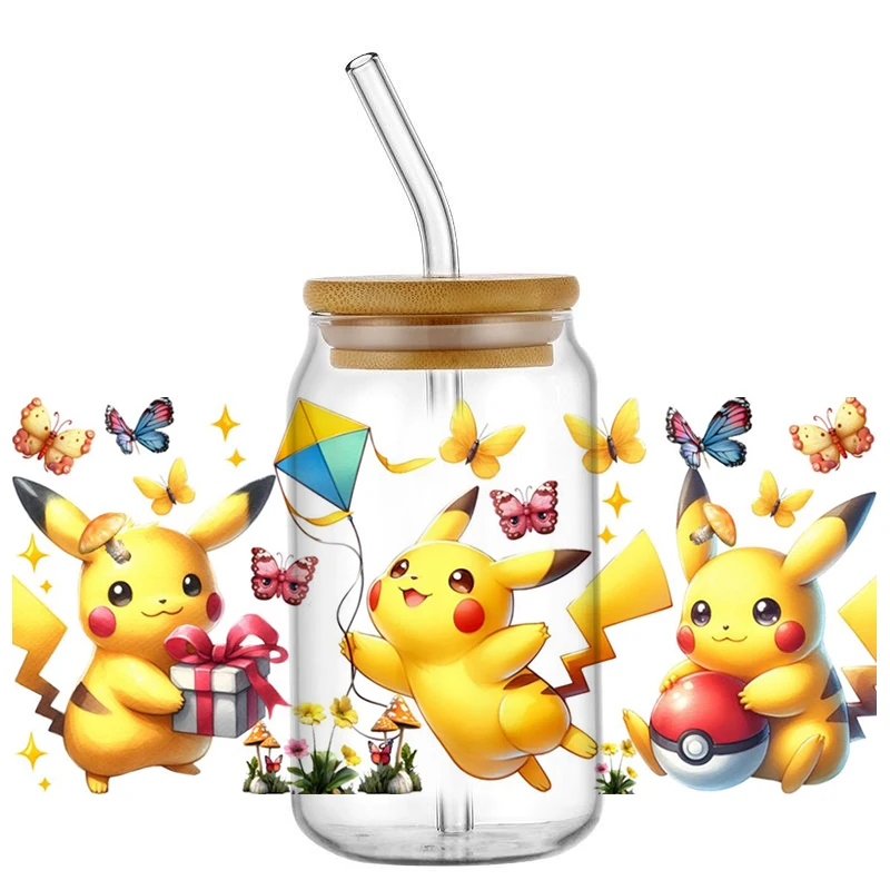 Miniso śliczne Pikachu naklejka zmywalna UV DTF folia na kubek do 16oz Libbey okulary Pokemon DIY kubek z motywem kreskówkowym naklejka transferowa