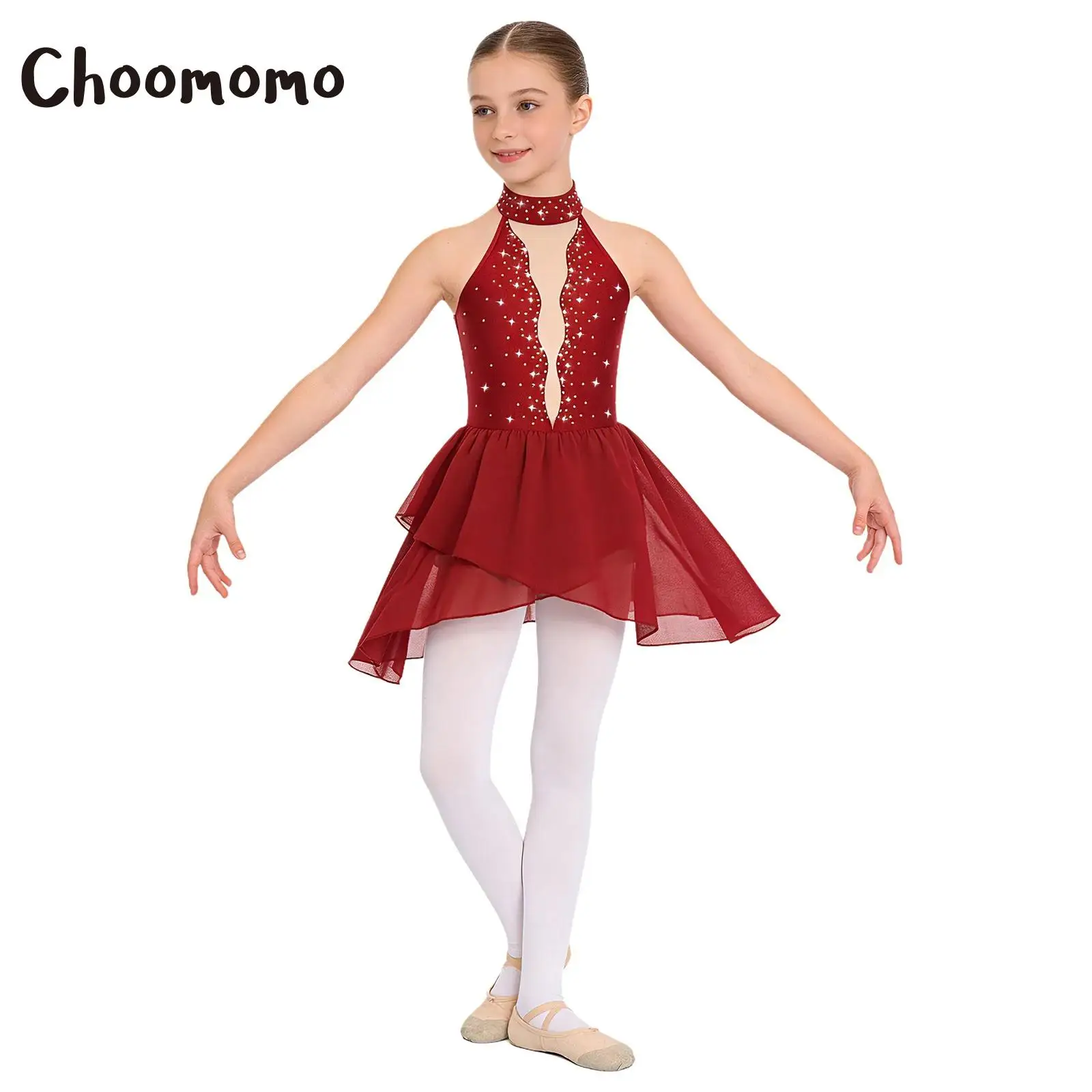 

Балетное платье для лирических танцев для девочек, прозрачное сетчатое платье без рукавов со стразами и открытой спиной, гимнастическое трико, костюм для фигурного катания