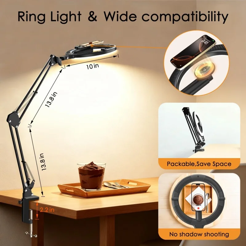 Magnetic Overhead Phone Mount with 10” Ring Light, 5000mAh Flexible Articulating Circle Lamp Table Tripod, Phone Stand for Video Recording Cooking Nail, Zoom Meeting