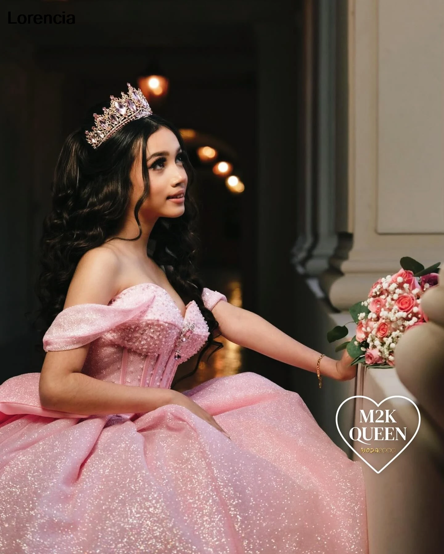 Lorensia gaun dansa merah muda Quinceanera Glitter gaun pesta Applique mengkilap pita kristal Meksiko manis 16 Vestidos De 15 aduduk YQD884