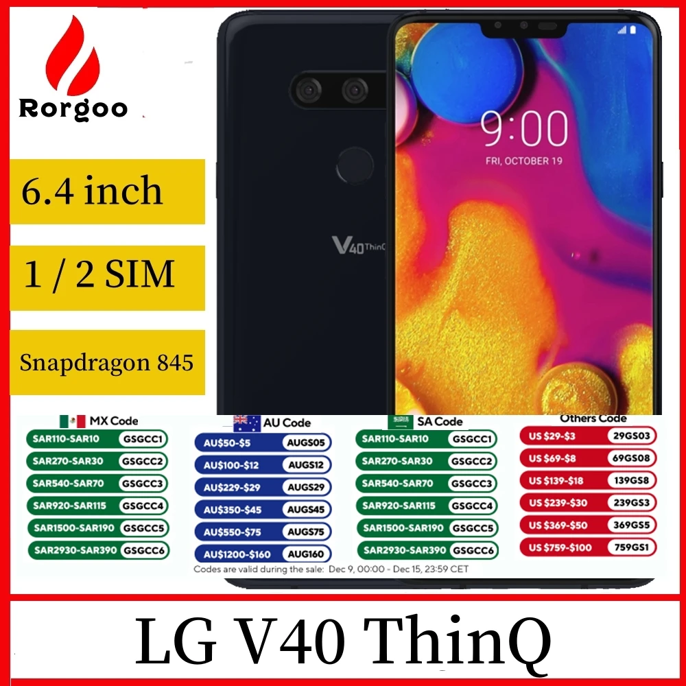 LG V40 ThinQ 4G LTE Original Mobile Phone 6.4'' 6GB RAM 64GB/128GB ROM 16MP Single/Dual SIM Fingerprint V405UA V405EBW CellPhone