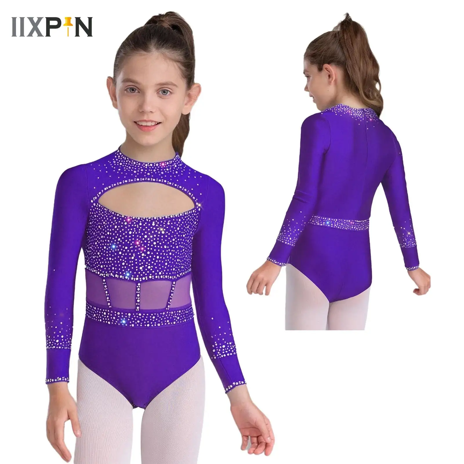 

Girls Gymnastics Leotard Children Long Sleeve Cutout Jumpsuit Figure Skating Bodysuit Jersey Ballet Dance Performance Costume