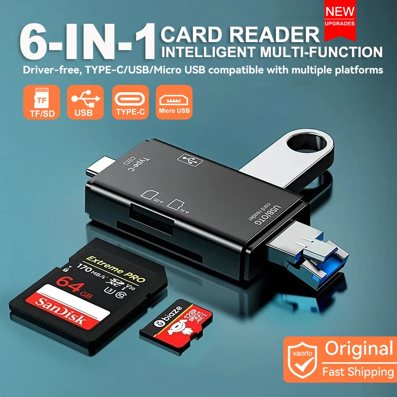 

Портативный считыватель карт памяти TF/SD/USB Type-C Micro USB 6-в-1 с высокоскоростной передачей данных для телефонов, ноутбуков и компьютеров.