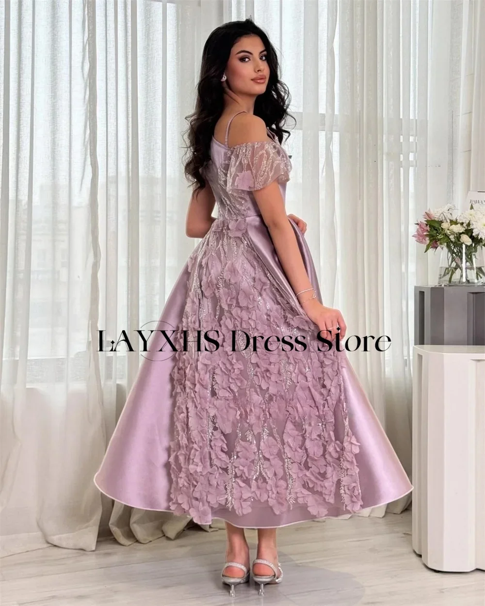 LAYXHS Exquisites One-Shoulder-Abendkleid, A-Linie, Spitze, Blumen, Falten, bodenlang, Ballkleid, individuell gestaltet