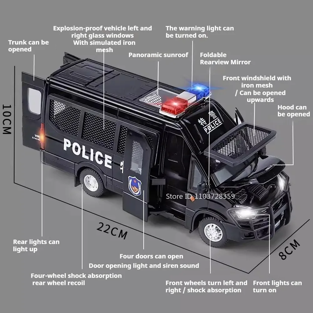 1:24 modelo spinosaurus brinquedo carros de polícia metal diecast som luz portas abertas puxar para trás simulação veículos off-road para meninos