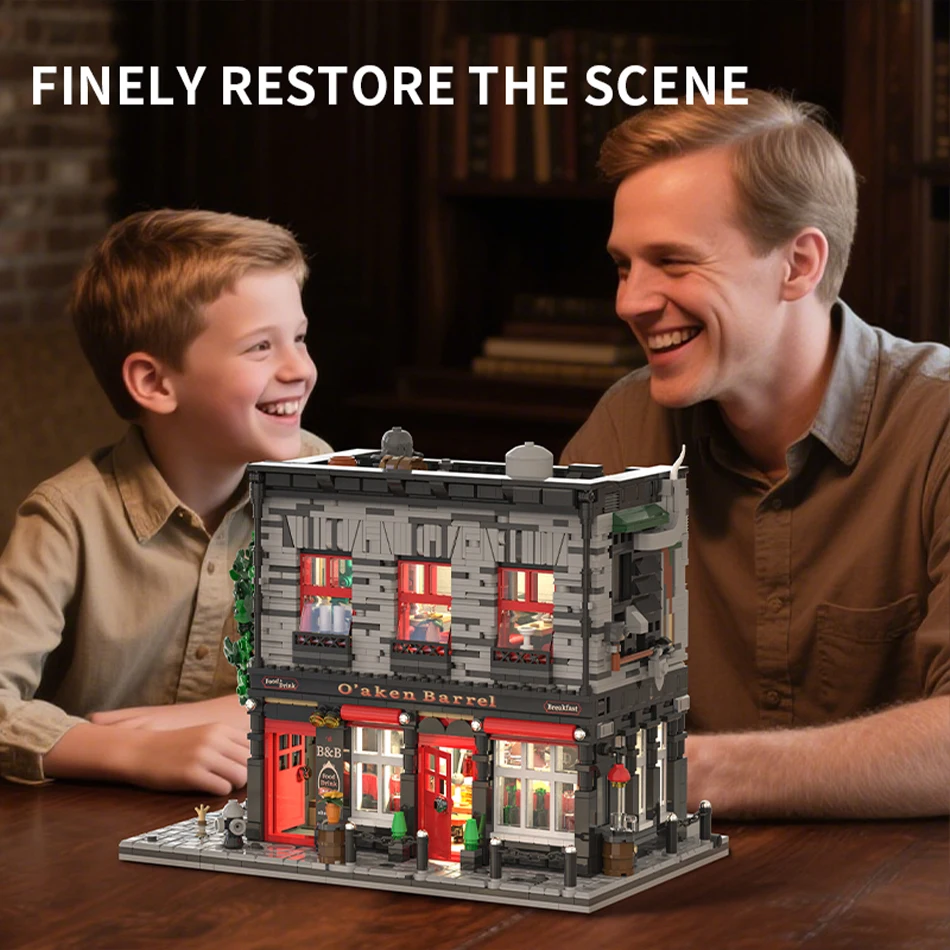 MOC City Oaken Barrel Pub Two-story Bar Street View Building Blocks Modern Tavern Architecture Bricks Toys for Kids Adults Gifts