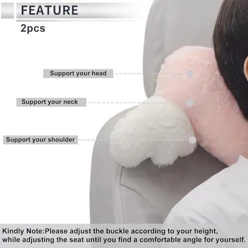 Plush Heart-Shaped Car Neck Pillow With Winged Design, Soft Faux Fur Memory Foam Support For Travel And Driving, Pink And White - view 3