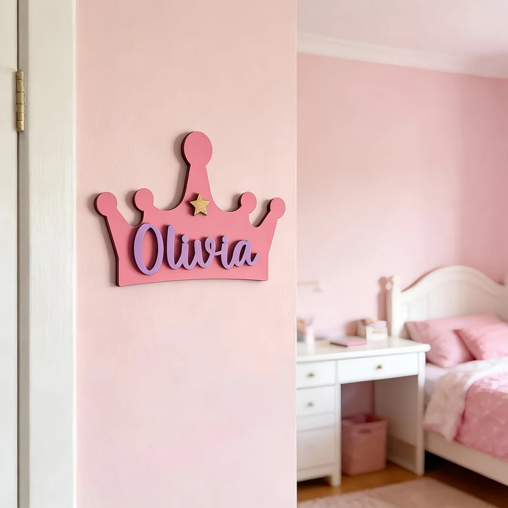 1Pc Personalized Wooden Double-Layer Custom Name Door Plaque, Pink Crown Room Door Sign Wall Hanging, Creative Hanging Ornament