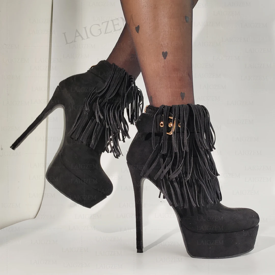 

Женские ботильоны ZHIMA с круглым носком, на молнии сзади, с бахромой, на тонком высоком каблуке, короткие ботинки ручной работы, женская обувь большого размера 41 45 50 52