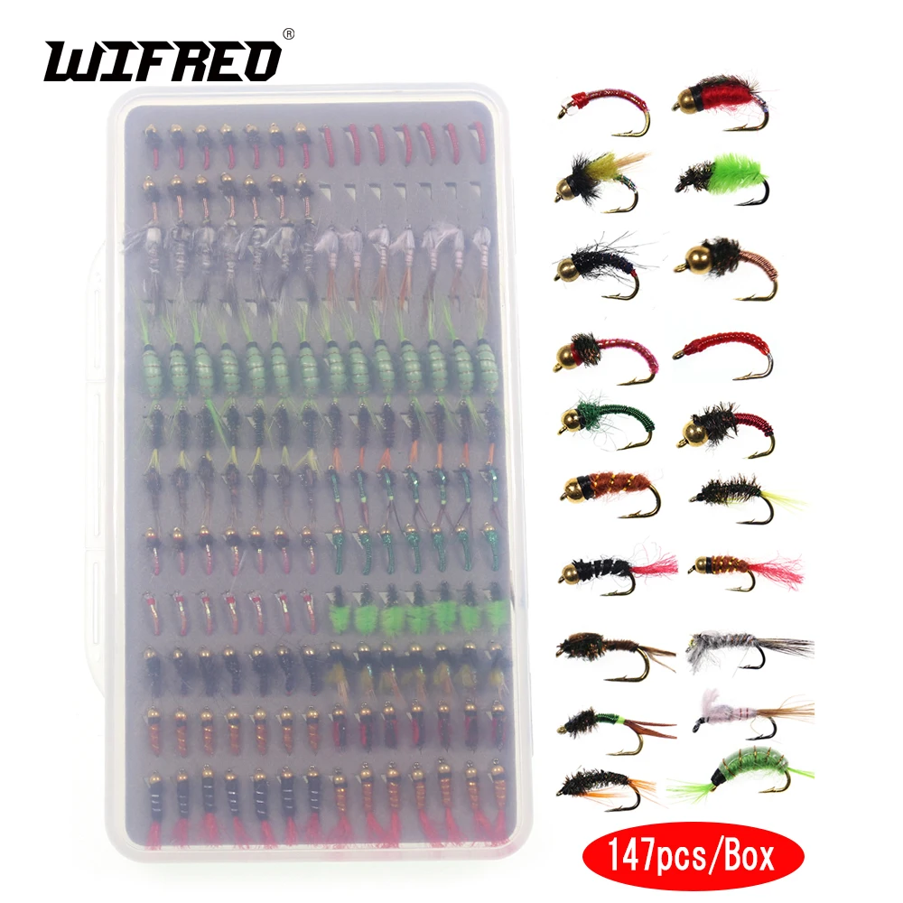 

Wifreo 147pcs Wet Scud Nymph Fly Fishing Lures Box Set Bead Head Nymph Midge Larvae Trout Grayling Panfish Lure Bait