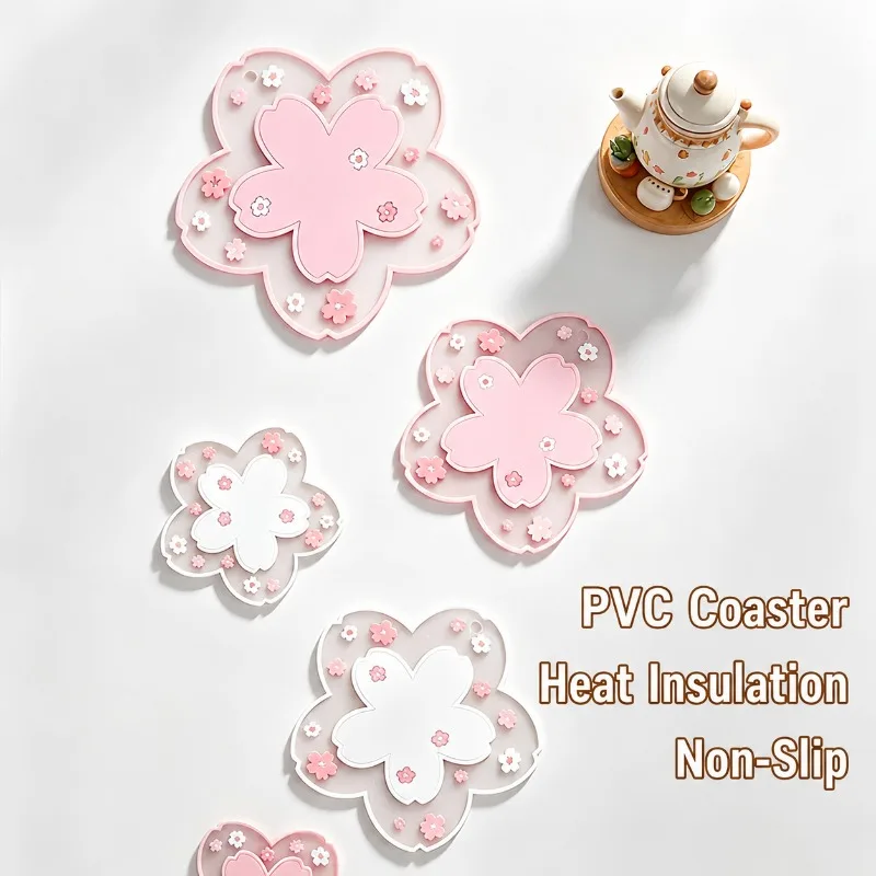 PVC Heat Resistant Table Mat, Creative Insulated Coaster Set for Cups, Pots and Bowls, Cherry Blossom Design, 11.5cm/16cm/19cm,