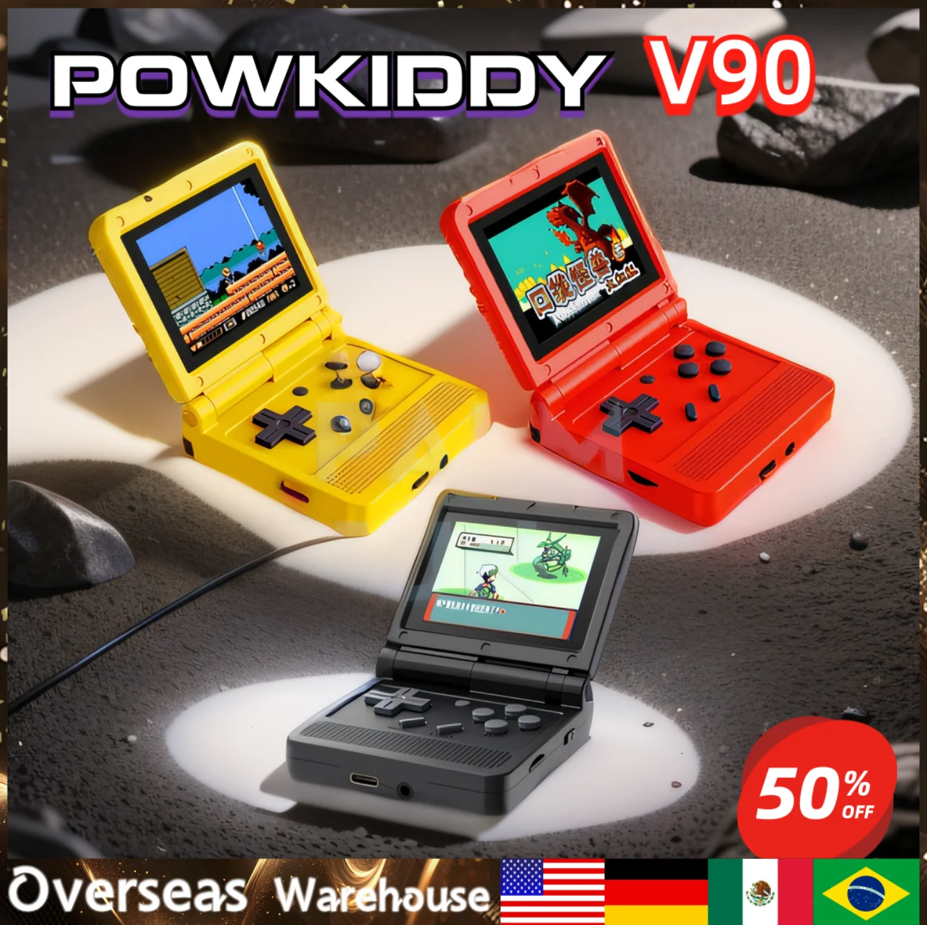 

POWKIDDY V90 Black Version 3-Inch IPS Screen Flip Handheld Console Open System Game Children's gifts Console 16 Simulators PS1 C