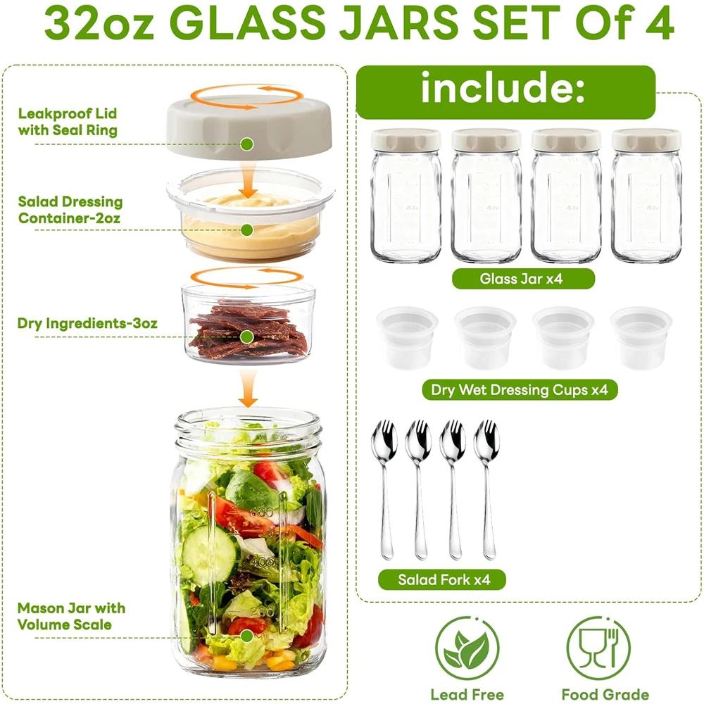 4個入りガラス製サラダジャー、32オンスの食事準備用サラダジ - Meal Prep Jar Salad のレビューと価格