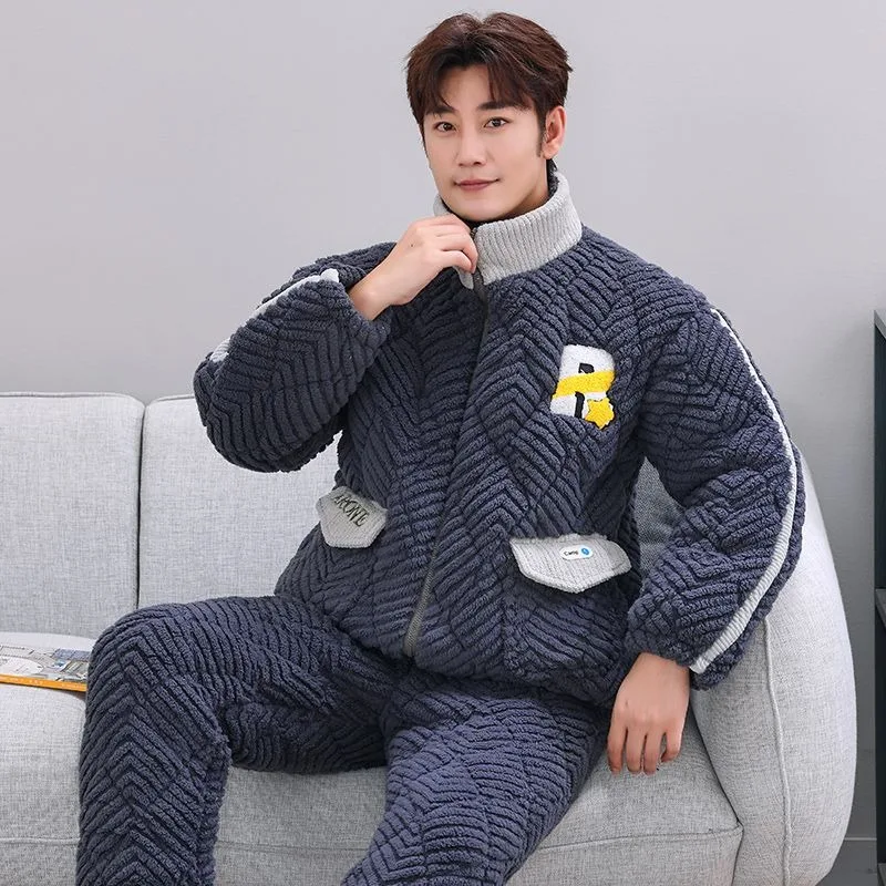 Men's Pajamas Winter Three Layers Plush Thick Sleepwwear Coral Velvet Cotton Loungewear Insulation Popular Male Home Clothes Set