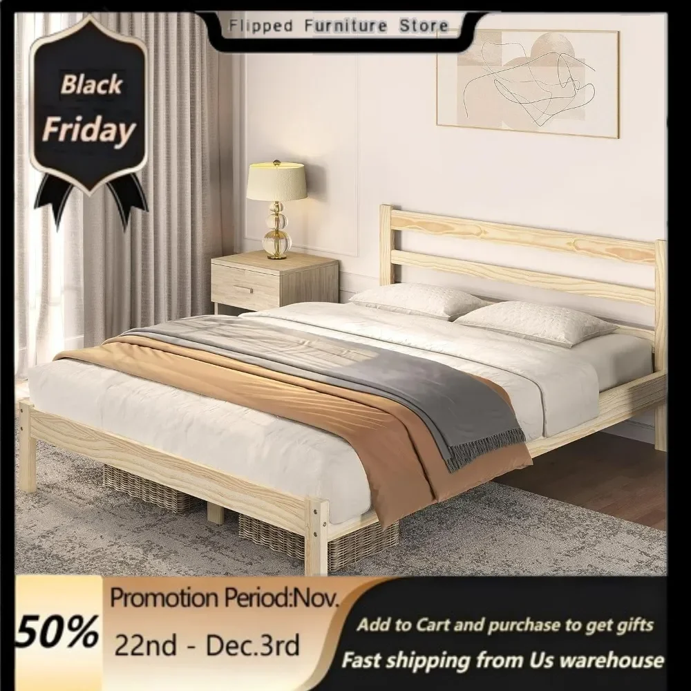 Queen Bed Frame Solid Pine Wood Platform Bed with Paneled Headboard, Slats Support/Noise-Free/7.5 Inch Space Underneath