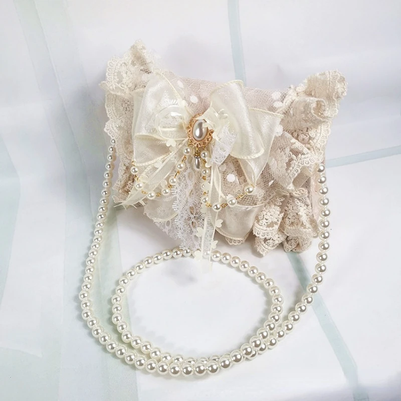 Lolita Gentle Girls Shoulder Bags Elegant Sweet Lace Bow Women\'s Handbags Fashion Cute Pearl Chain Top-Handle  Y2k Aesthetic