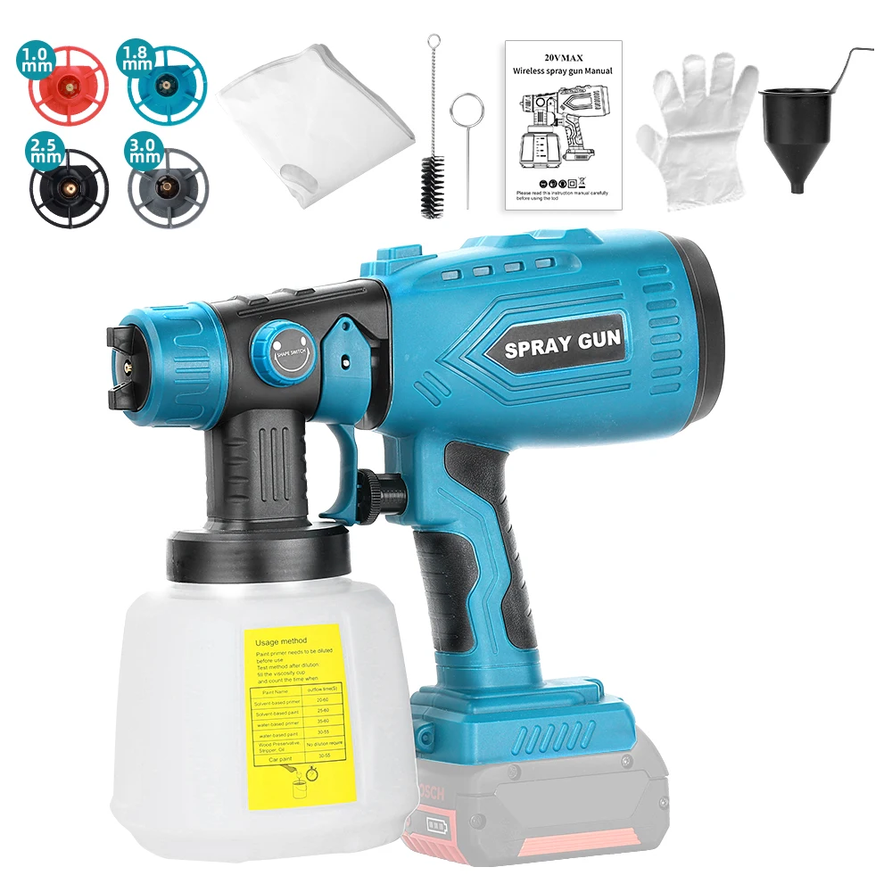 

200W Cordless HVLP Paint Sprayer For Bosch 18V Battery 4 Nozzles 3 Spray Patterns 1000ML Container (No Battery)