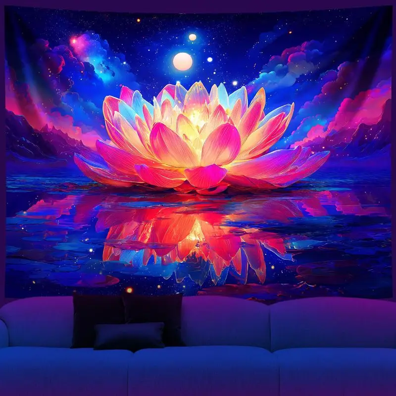 VIKAMA Black Light Vivid Fantasy Valley Timberland Star Dusted Cosmos UV Active Tapestry Surreal Wall Decor Accent Soft Durable