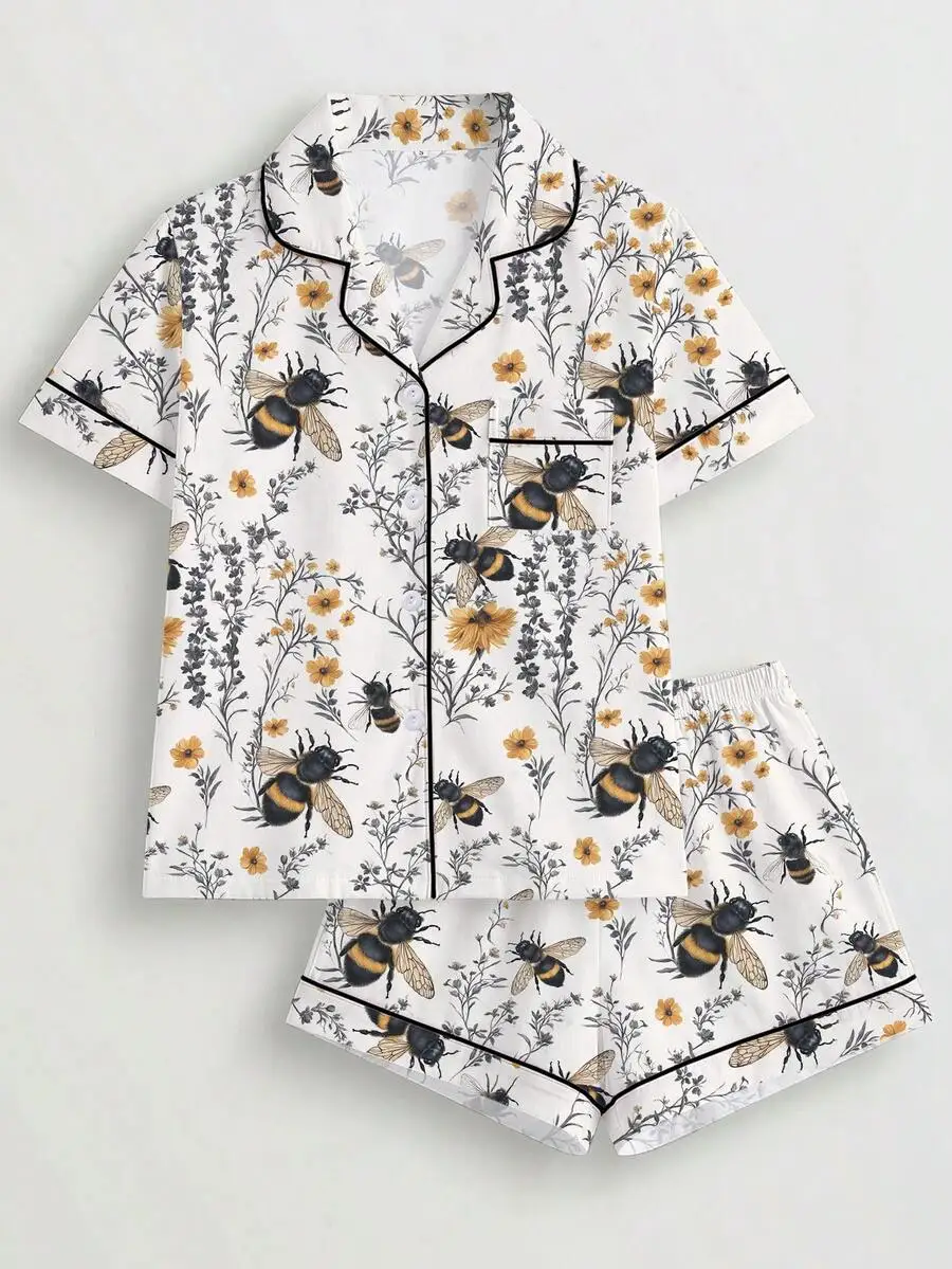

2pcs Bee And Floral Print Women Pajama Set Short Sleeve Shirt With Lapel Collar Button Loose Elastic Shorts Sleepwear Loungewear