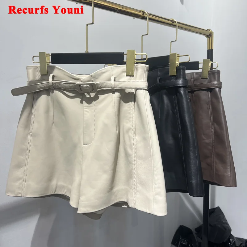 Lambskin Shorts Women 2023 Harajuku Female White Casual Pants With Belt Mujer Side Pockets Sexy Mini Glossy Short Streetwear