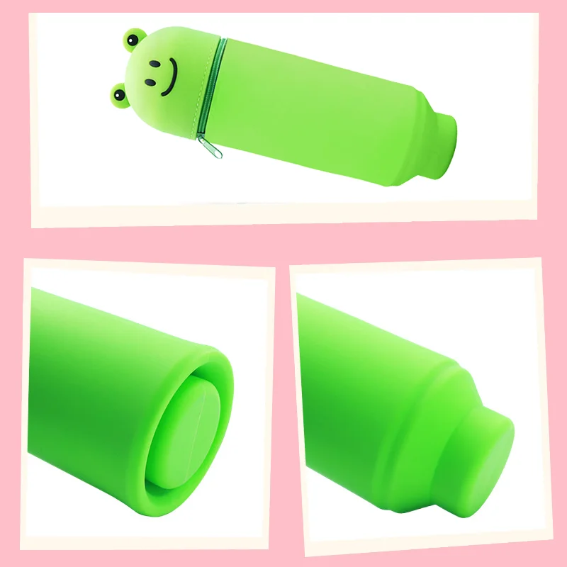 1pc Cute Foldable Pencil Case Animal Shape Dirt Resistant Pen Container Yellow Chick Green Frog Shark Silicone Pen Box Students