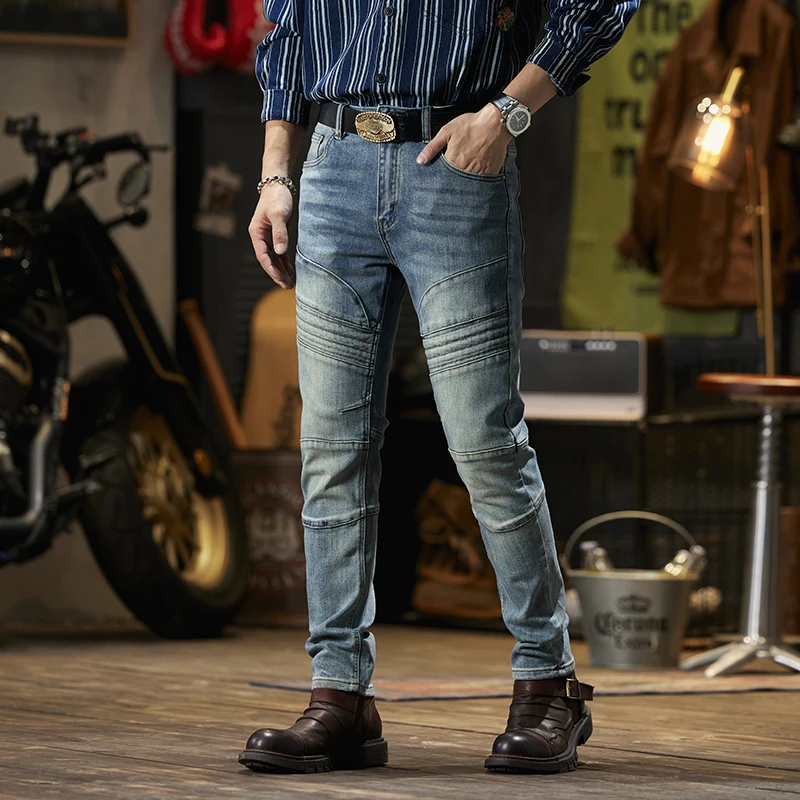 Retro Blue Jeans Men's Motorcycle Style Tight Handsome Stretch Casual Versatile Washed Stitching Skinny Trousers