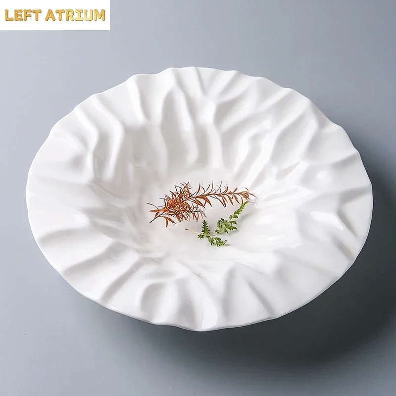 Wrinkle Texture Ceramic Plate White Salad Plate Thick Soup Plate Dessert Pasta Dish Serving Plates Molecular Cuisine Tableware