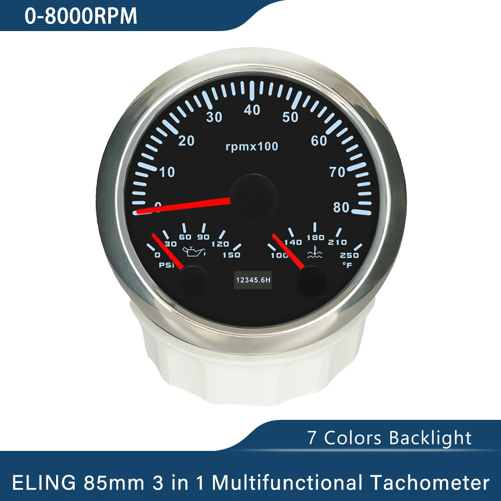 

ELING Car Universal 85mm 3 in 1 Multifunctional 0-6000RPM 0-8000RPM Tachometer with Oil Pressure Water Temp 7 Colors Backlight