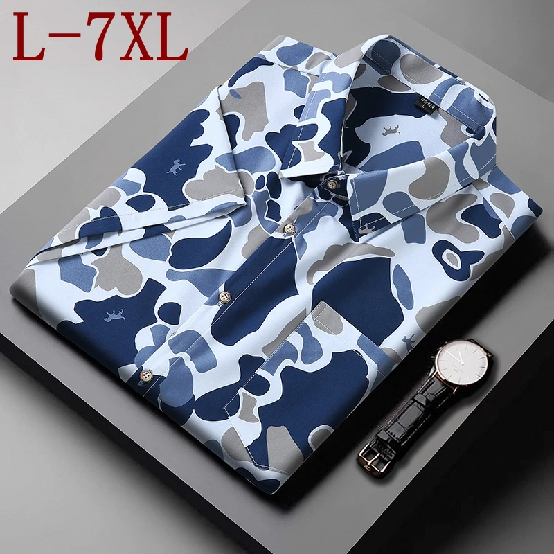 

7XL 6XL 2024 New Summer Fashion Camouflage Shirt Men High End Ice Silk Breathable Mens Shirts Short Sleeve Loose chemise homme