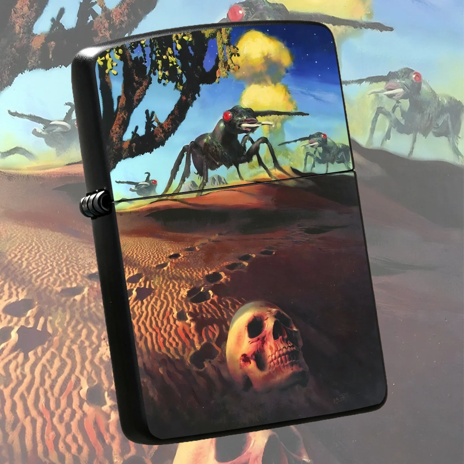 Vintage Sci-Fi Themed Lighter With Mutant Giant Ant Nuclear Explosion Desert Wasteland Art Print, Portable All-Scene Usable Creative Decor, Unique Stylish Collectible Gift For Sci-Fi Lovers For Daily Outdoor Multiple Occasions Interesting A