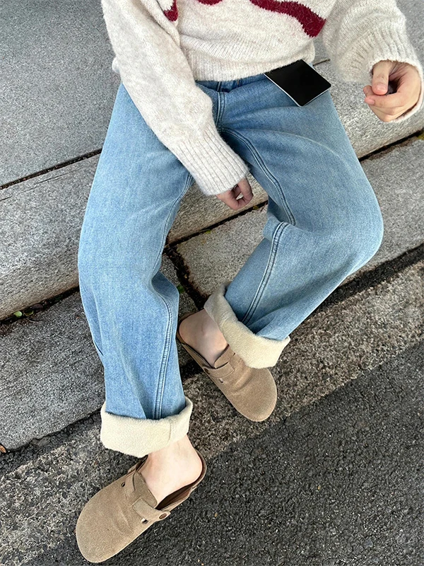 

Thickened Fleece Straight Leg Jeans Women Winter New Large Size plus Size Loose Slimming Wide Leg Long Pants Casual High Waist