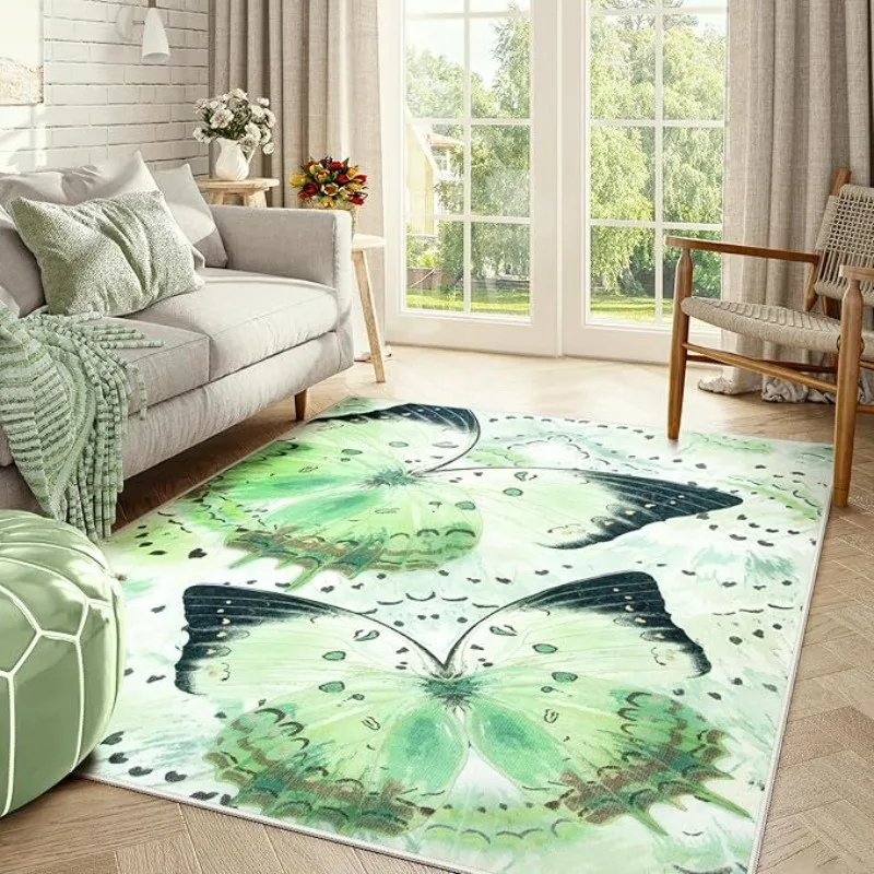 Butterfly Green Area Rugs Washable Carpet for Living Room Non Slip Rug for Bedroom Modern Insect Print Area Rug for Nursery Room